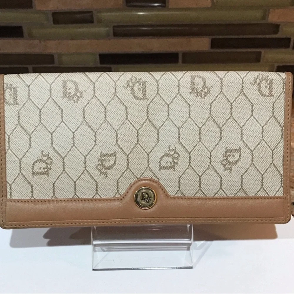 Dior Beige Monogram Canvas Wallet with Tan Leather Trim